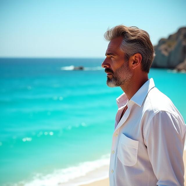 Uomo con camicia di lino bianca sulla costa laziale